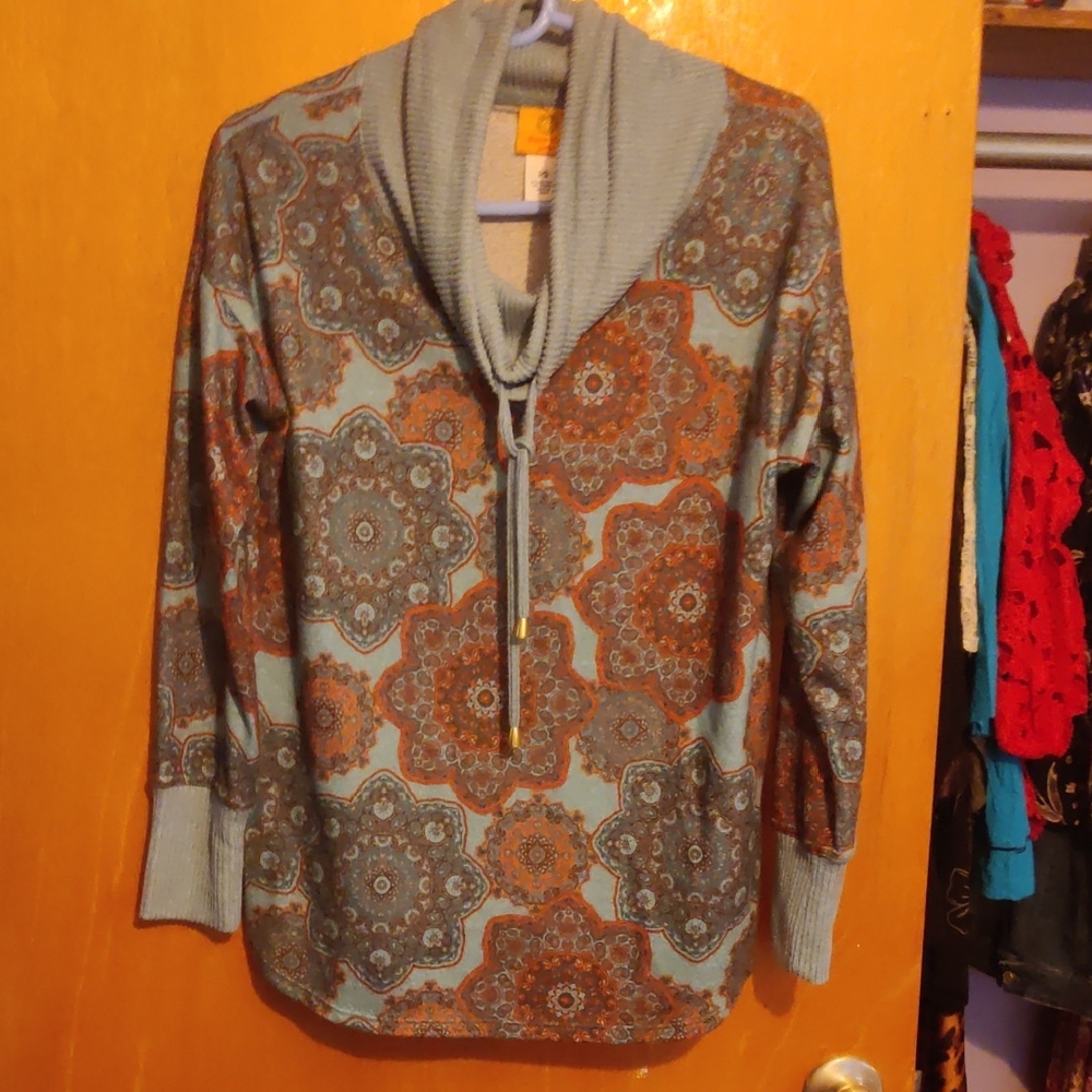 Ruby Rd. Cowl Neck Sweater in Blue and Brown